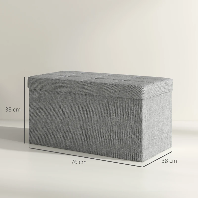 HOMCOM Baú de Arrumação 84L Puff de Arrumação Dobrável Estofado em Linho Sintético com Tampa 76x38x38 cm Cinzento Claro