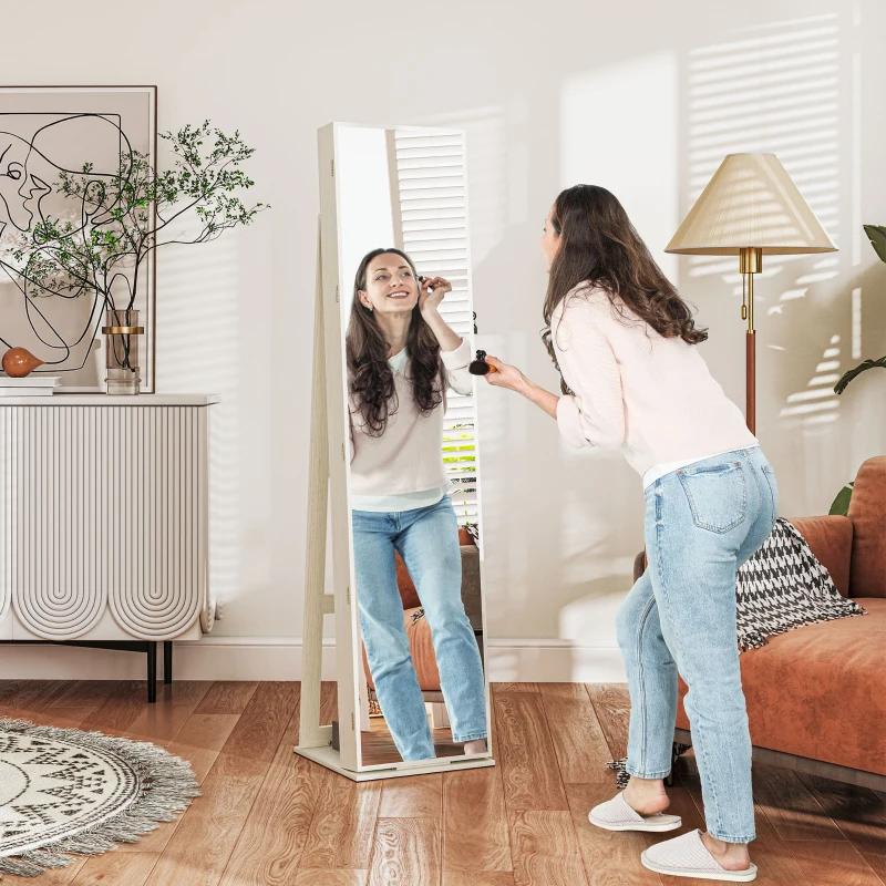 HOMCOM Joalheiro de Pé Armário para Joias com 6 Luzes LED Fechadura Prateleiras Suportes para Anéis 38x38x157 cm Branco e Bege