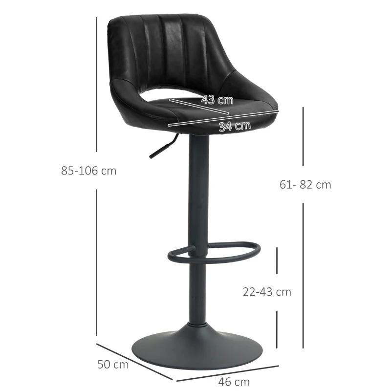 Set HOMCOM de 2 Scaune de Bar cu Înălțime Ajustabilă, Suport pentru Picioare și Șezut Rotativ din Piele Artificială, Negru(m-3)