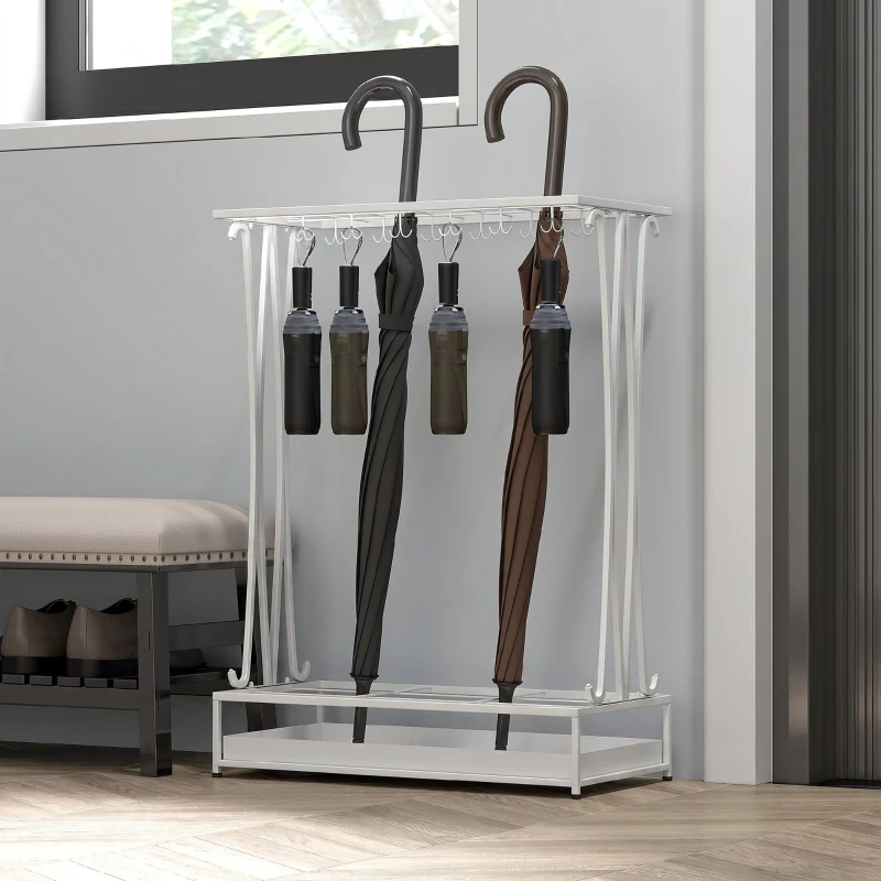 HOMCOM Suport Pentru Umbrele cu Tăviță Colectoare, 21 Orificii, 24 Cârlige, Oțel, 50x24x68 cm, Alb