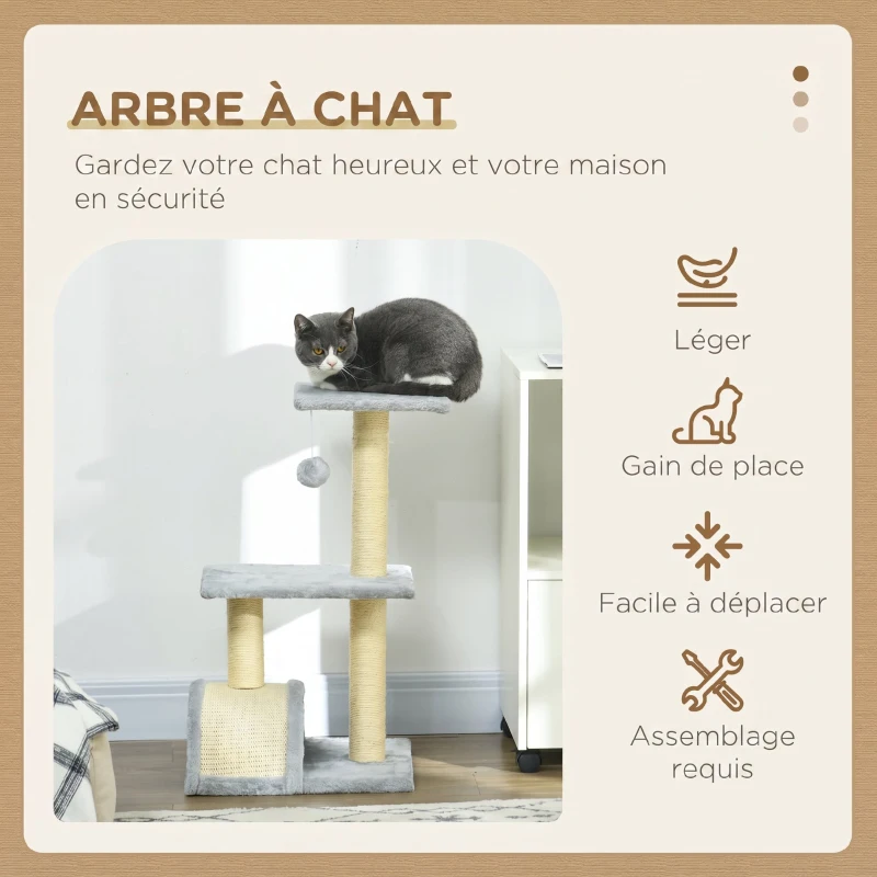 PawHut Arbre à chat arbre à grimper griffoir pour chat hauteur 72 cm balle suspendue gris clair