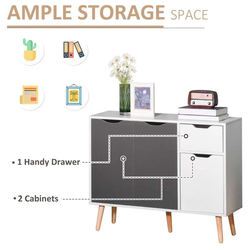 HOMCOM Sideboard Floor Standing Storage Cabinet with Drawer and Solid Wood Legs for Bedroom, Living Room, Home Office, Grey