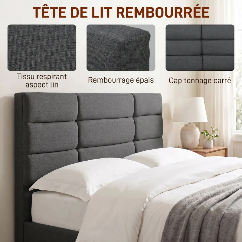HOMCOM Cadre de Lit 140 x 200 cm avec Sommier Bois, Lit Double Rembourré en Effet Lin, Rangement au-dessous, Sans Bruit, Gris