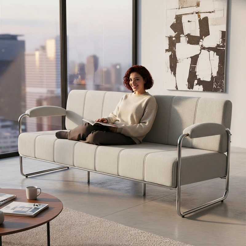 HOMCOM Divano 3 Posti Moderno Rivestito in Ciniglia Beige, in Acciaio, Spugna e Pannello Multistrato, 174x75x76 cm