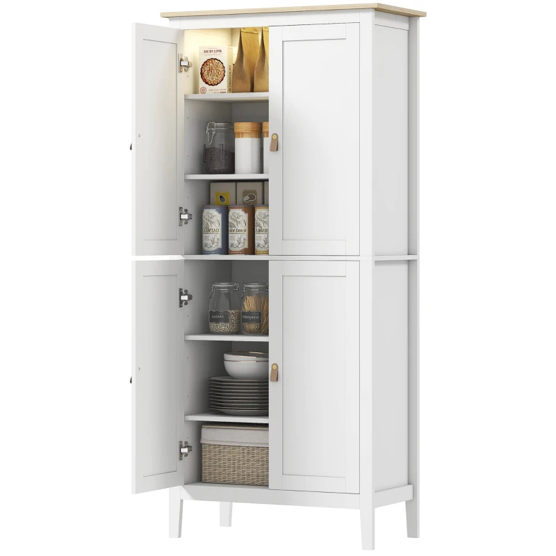 HOMCOM Armário de Cozinha com Luz LED Sensor de Movimento Móvel Auxiliar de Cozinha com Iluminação Regulável em 3 Cores 4 Portas e Prateleiras Ajustáveis 80x40x176,5 cm Branco