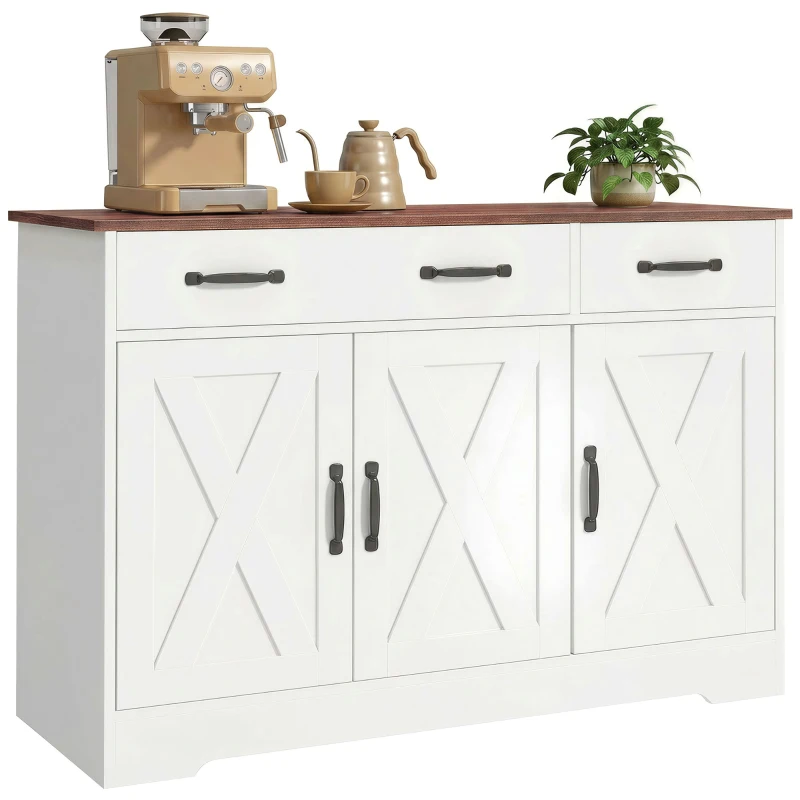 HOMCOM Buffet cuisine, meuble de rangement avec 3 portes de grange, 2 tiroirs et étagères réglables, 108 x 40 x 81 cm, blanc