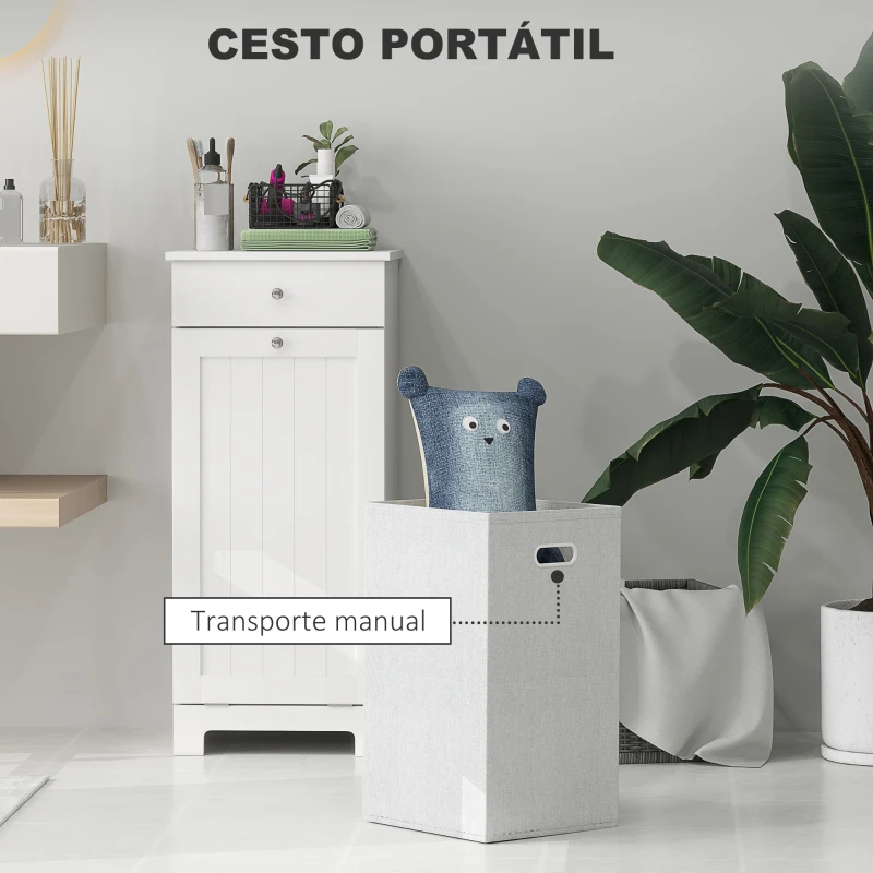 HOMCOM Armário de Casa de Banho com Cesto de Roupa Suja Basculante Móvel para Roupa Suja com Saco de Tecido Dobrável e Gaveta Branco 40x38x90 cm