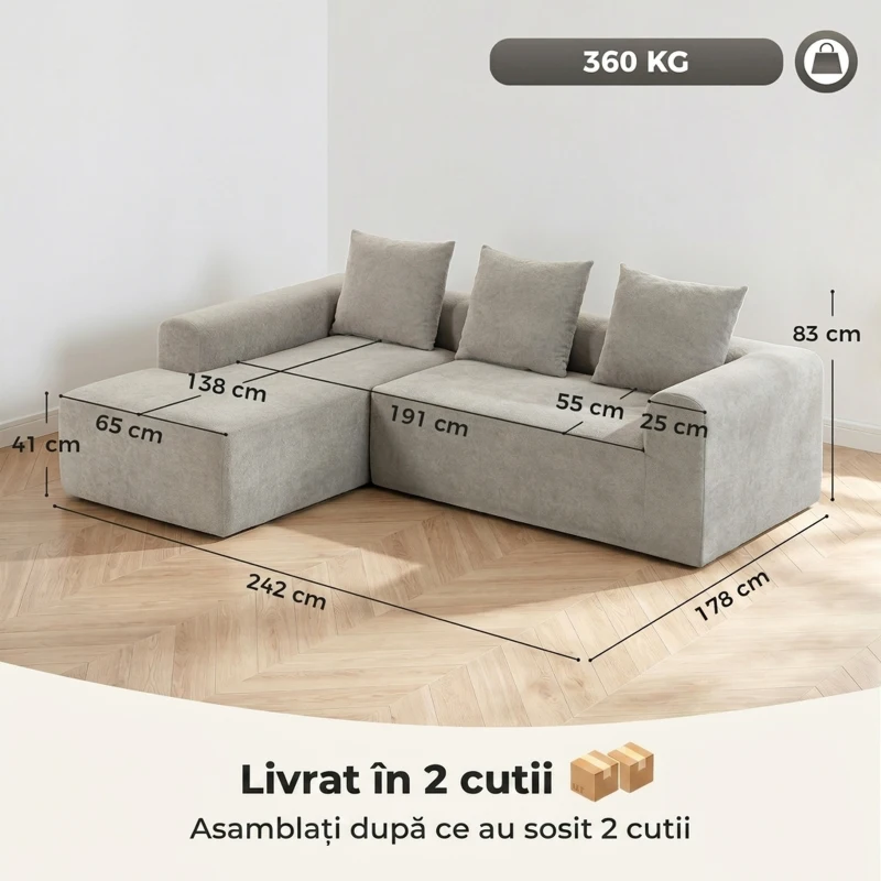 HOMCOM Canapea de Colț cu 3 Locuri, Fără Cadru, pentru Living, Gri Deschis