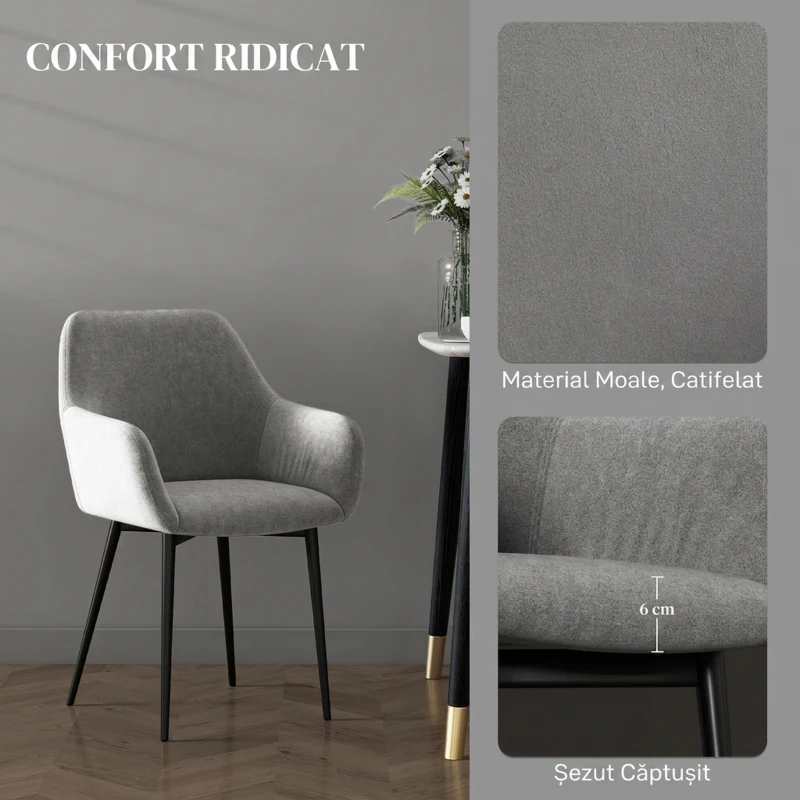 Homcom Set 2 Scaune Dining Gri inchis – Tapitate cu Brate & Cadru Solid