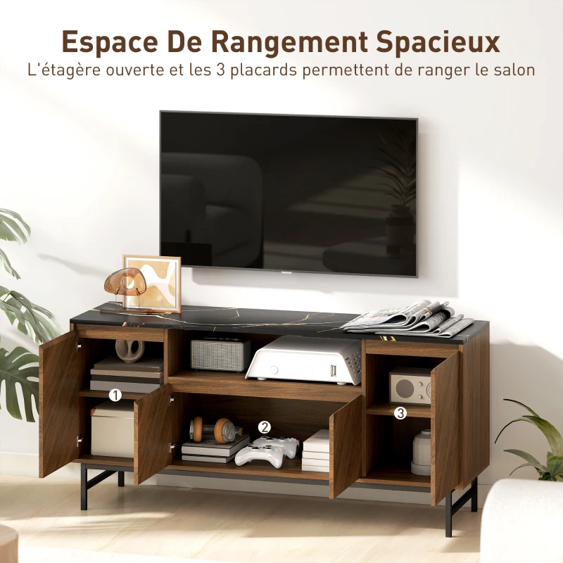 HOMCOM Meuble TV jusqu'à 65 pouces meuble télé bois avec compartiment ouvert et passe-câbles, effet marbre, 140x39x66cm, noyer