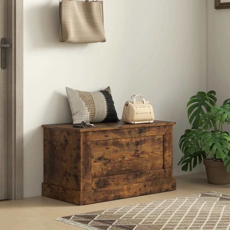 HOMCOM Coffre de rangement, coffre à jouets, avec charnière de sécurité, pour salon, en bois, 80 x 40 x 45 cm, brun rustique