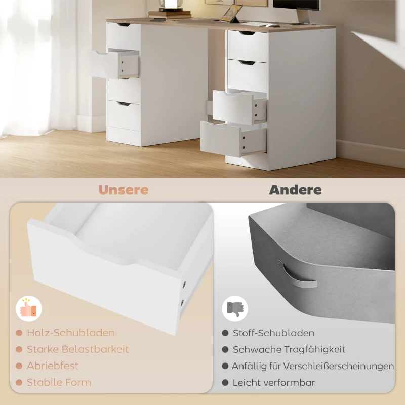 HOMCOM 140 cm Computertisch, 8 Schubladen, Schreibtisch für Homeoffice, Schlafzimmer, Stahl, Holz, Natur