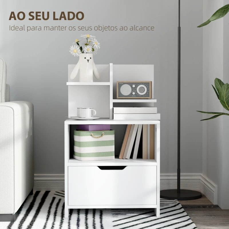 HOMCOM Mesa de Cabeceira de Madeira Moderna com Gaveta e Prateleiras de Armazenamento 45x35x73 cm Branco