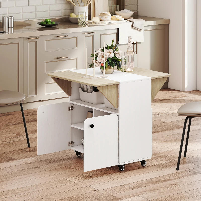 HOMCOM Table à manger pliante sur roulettes, table de cuisine 4 personnes, 2 abattants, étagère, placard, 70x83x75cm, blanc