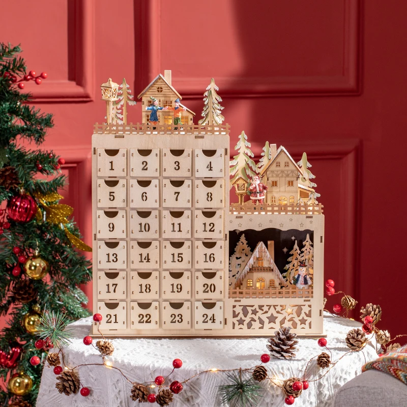 HOMCOM Calendario Avvento di Natale Rettangolare con Motivi a Tema e 12 Luci a LED, 22x9x30 cm, in Compensato, Arancione