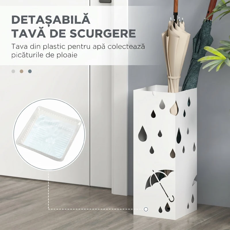 HOMCOM Suport pentru umbrele din metal cu 4 cârlige și tavă pentru scurgere, 15.5x15.5x41cm, alb