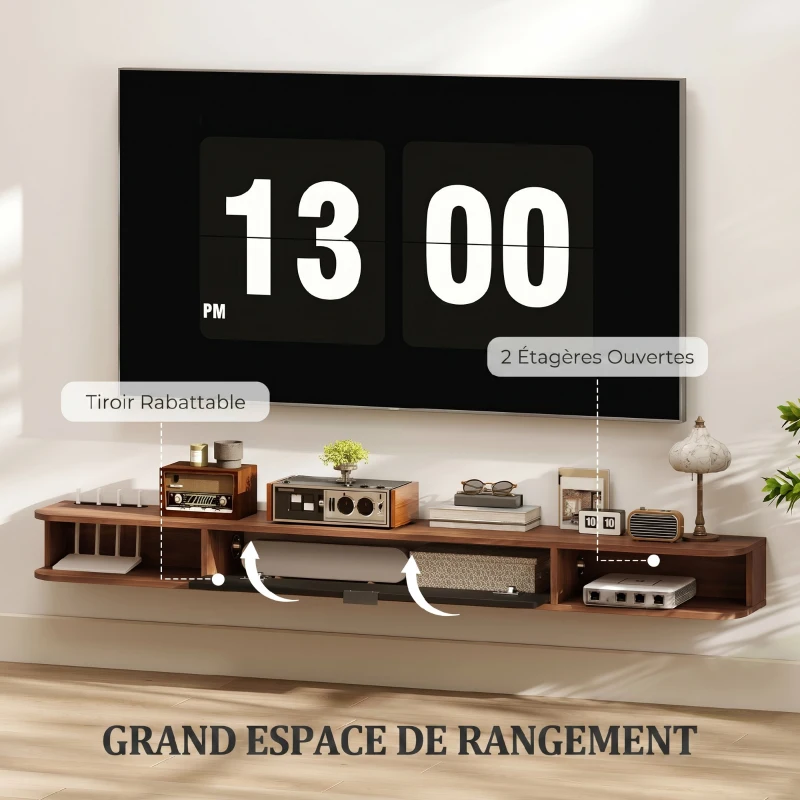 HOMCOM Meuble TV Suspendu, Meuble Télé pour Téléviseur jusqu'à 75 Pouces, Tiroir Rabattable, 2 Étagères, 180x24x16cm, Noyer