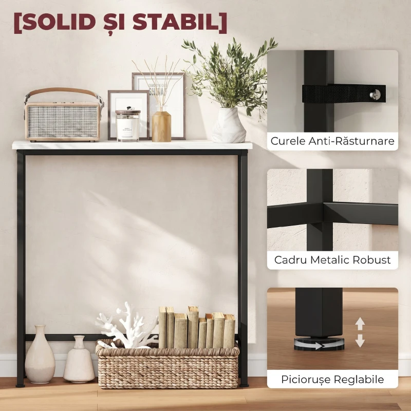 HOMCOM Masă consolă de intrare cu blat cu efect de marmură, din lemn și oțel, 75x24x76 cm, alb și negru