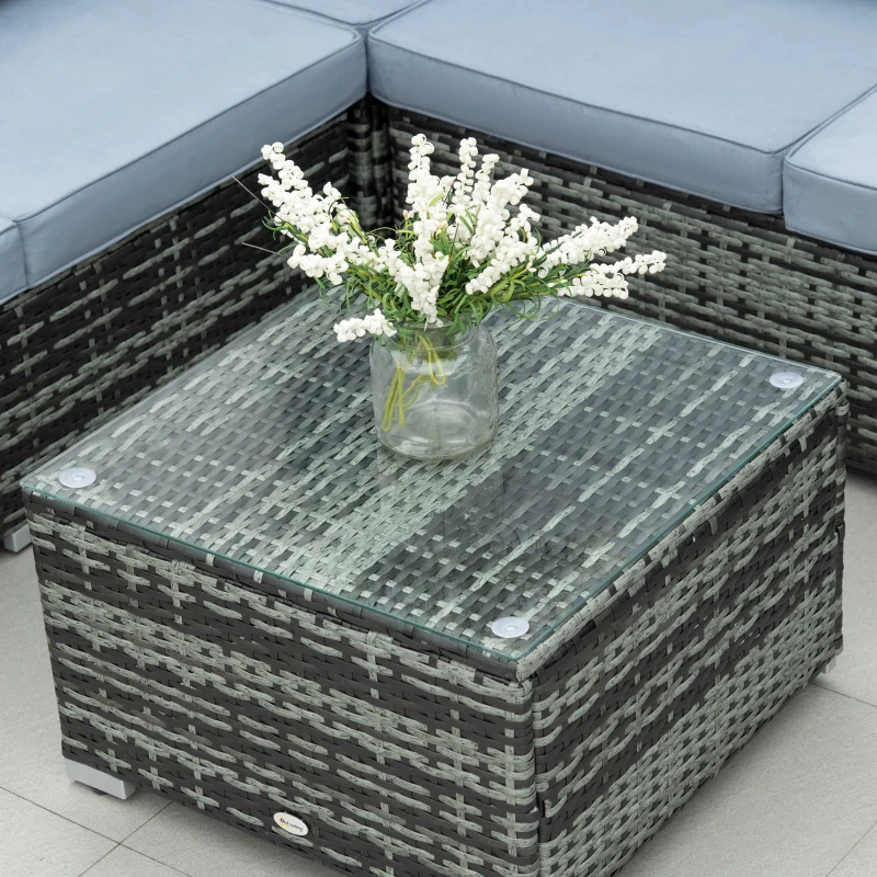 Outsunny 4 Pieces Rattan Garden Furniture Sets, Wicker Patio Conservatory Dining Set with Corner Sofa, Loveseat, Coffee Table, and Cushions for Balcony, Backyard, Pool, Grey