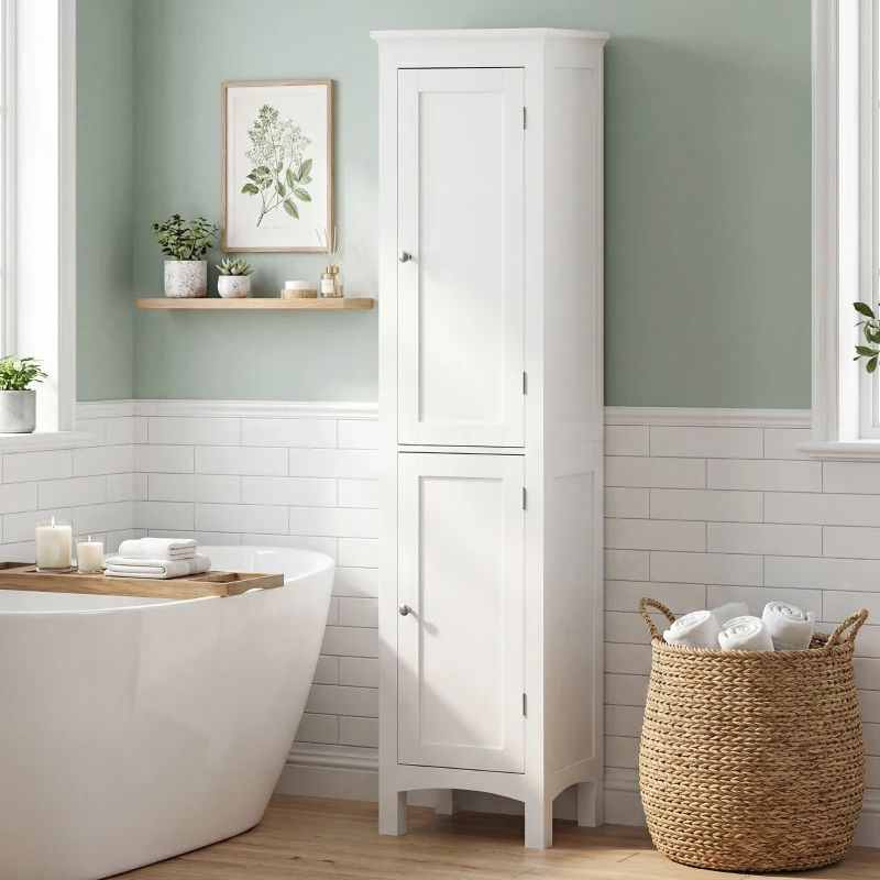 kleankin Tall Bathroom Storage Unit, Slim Bathroom Cabinet with Adjustable Shelves and Double Door, White