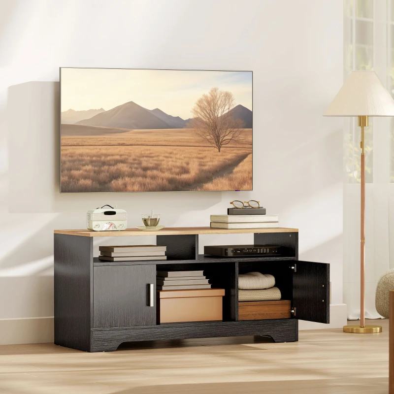 HOMCOM Meuble TV banc TV en bois avec 2 niches 2 armoires à porte une armoire ouverte 105 x 40 x 52 cm effet bois noir