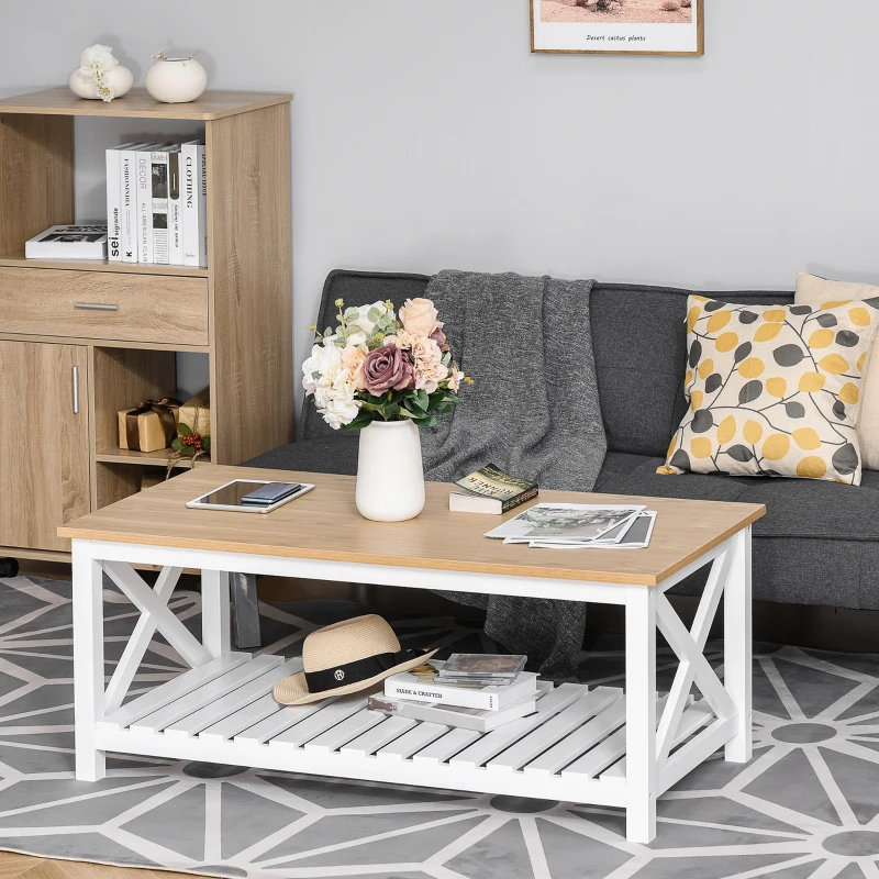 HOMCOM Beistelltisch Couchtisch Kaffeetisch stabiler Teetisch Wohnzimmertisch Bauernhausstil MDF Natur+Weiß 116 x 60 x 48 cm