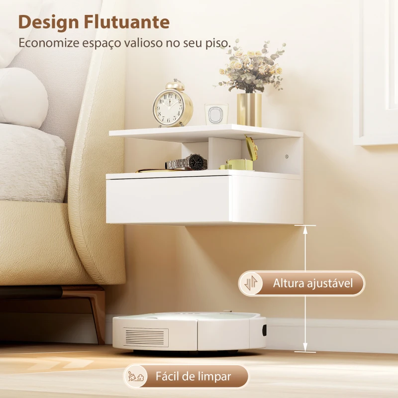 HOMCOM Conjunto de Mesas de Cabeceira Suspensas com Gaveta Montadas na Parede 35x32x22,5 cm Branco