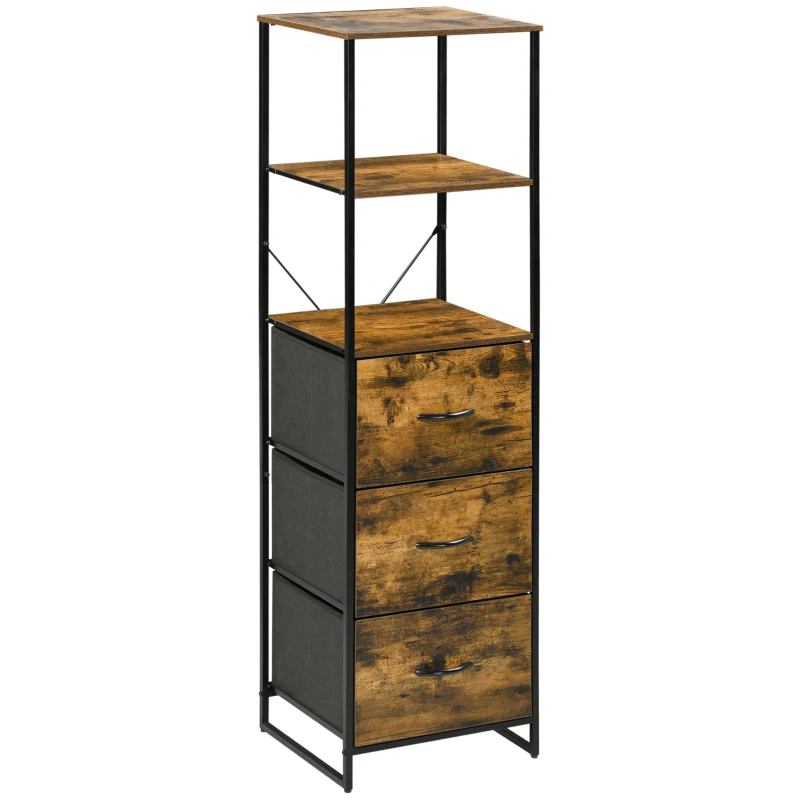 HOMCOM Armário com 3 Gavetas de Tecido Dobráveis e 2 Prateleiras Abertas Armário Multifuncional 44x40x155cm Marrom Rústico