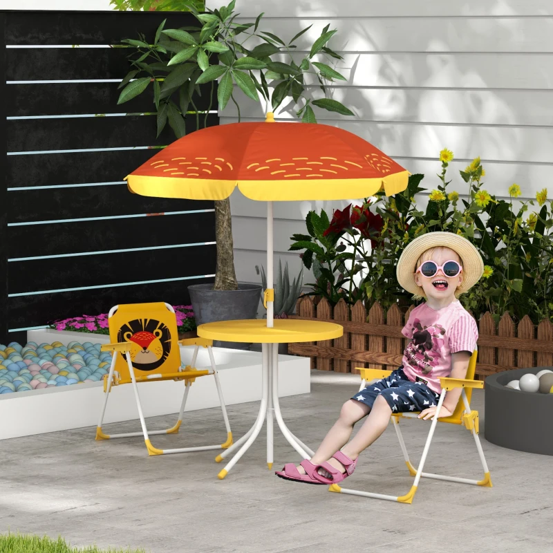 Outsunny Kids Picnic Table and Chair Set, Lion Themed Outdoor Garden Furniture w/ Foldable Chairs, Adjustable Parasol - Yellow