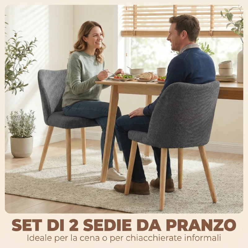 HOMCOM Set di 2 Sedie Pranzo Imbottite con Gambe Legno Hevea, Tessuto Grigio Chiaro