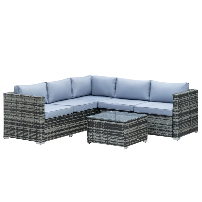 Outsunny 4 Pieces Rattan Garden Furniture Sets, Wicker Patio Conservatory Dining Set with Corner Sofa, Loveseat, Coffee Table, and Cushions for Balcony, Backyard, Pool, Grey