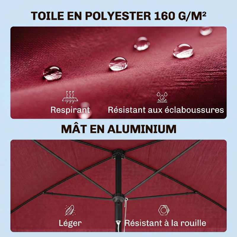 Outsunny Parasol de jardin Parasol droit rectangulaire inclinable alu métal polyester haute densité 2 x 1,3 m rouge