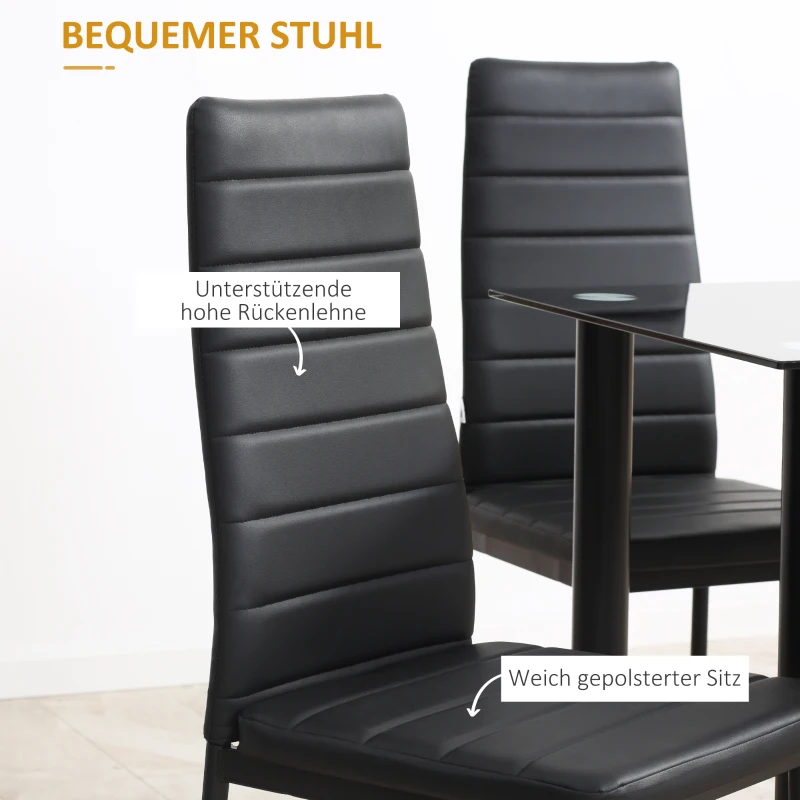 HOMCOM 5-delige Eetkamerset Tafel en 4 Stoelen, Modern Design, Glazen Tafel, Zwart