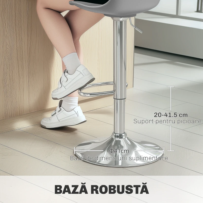 HOMCOM, Set 2 Scaune de Bar, Cu Spătar și Suport pentru Picioare, din PP, Piele PU și Oțel, 38x42x82-104 cm, Gri