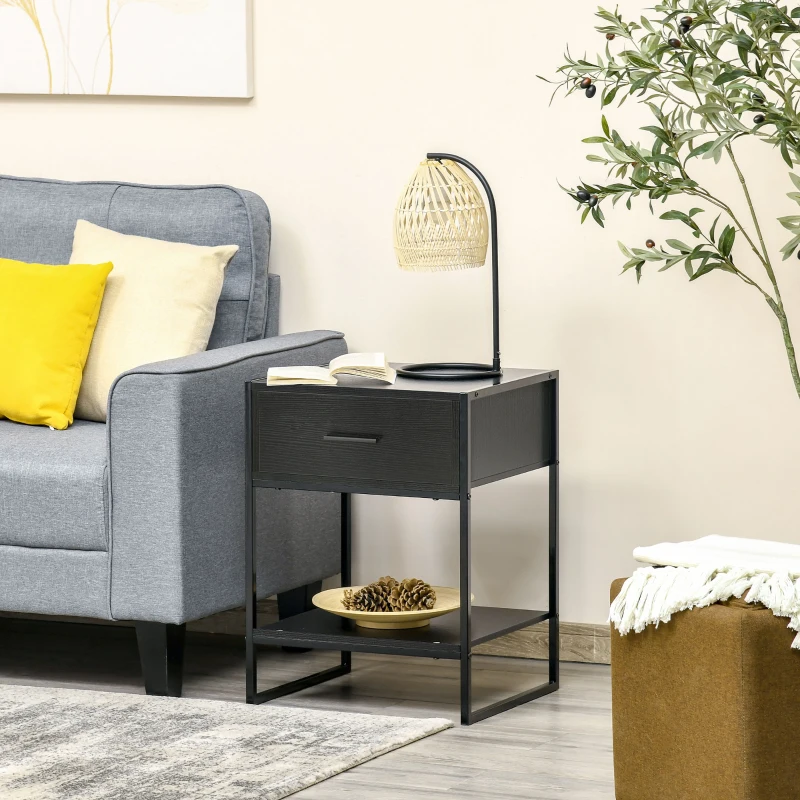 HOMCOM Comodino Moderno con Cassetto e Ripiano Aperto per Camera da Letto e Soggiorno, in Truciolato e Acciaio, 45x40x60cm, Nero