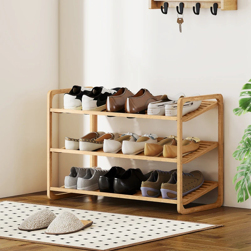 HOMCOM Scaffale Scarpiera a 3 Livelli per 12 Scarpe con Ripiani a Doghe in Bambù, 76x33x50.8 cm, Colore Legno