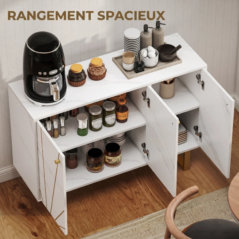 HOMCOM Meuble de rangement buffet salon avec 2 placards 3 portes et étagère réglable, pieds en métal, aspect marbre blanc