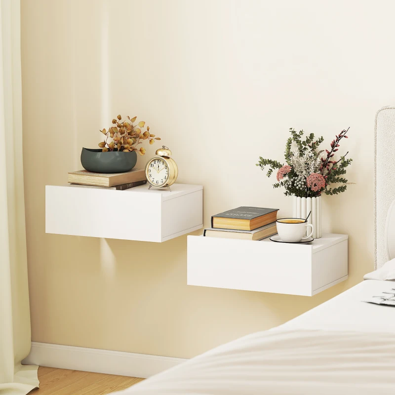 HOMCOM Set di 2 Comodini Sospesi Moderni con Cassetto in Legno, 40x30x15cm, Bianco