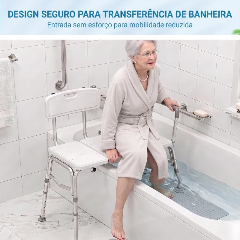 HOMCOM Banco de Duche de Transferência com Apoios de Braços e Encosto, Altura Ajustável em 10 Níveis, Suporta 136 kg
