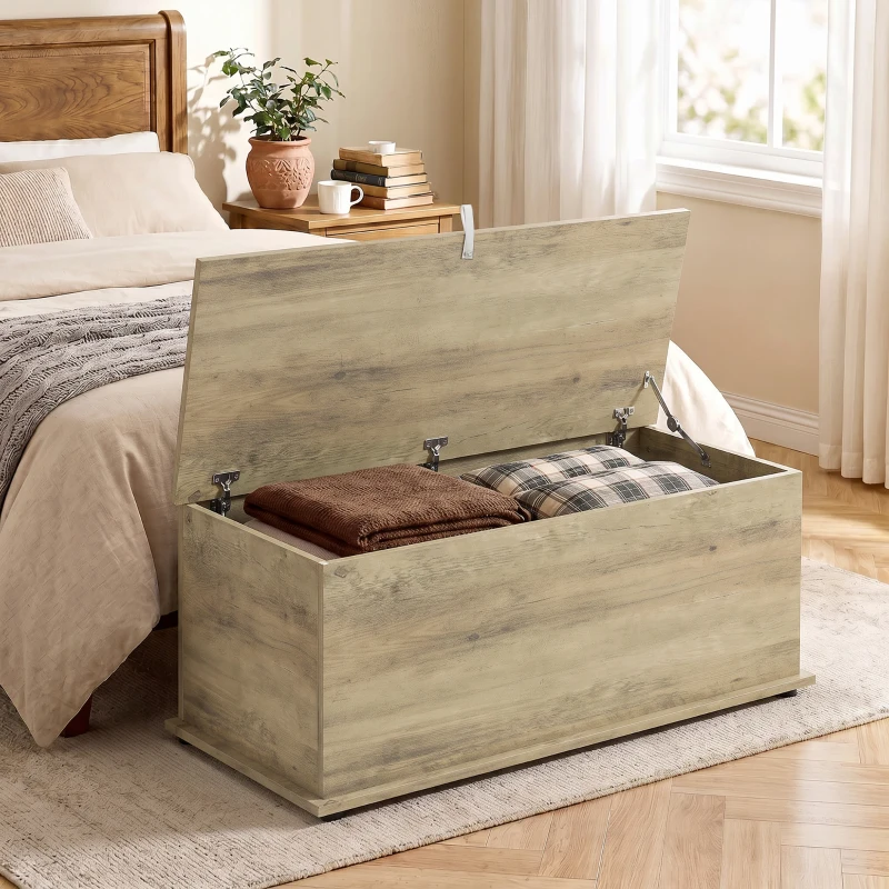HOMCOM Large 114L Storage Chest Grey Wood Bench Trunk with Safety Lid for Bedroom Hallway and Living Room 100 x 40 x 40cm