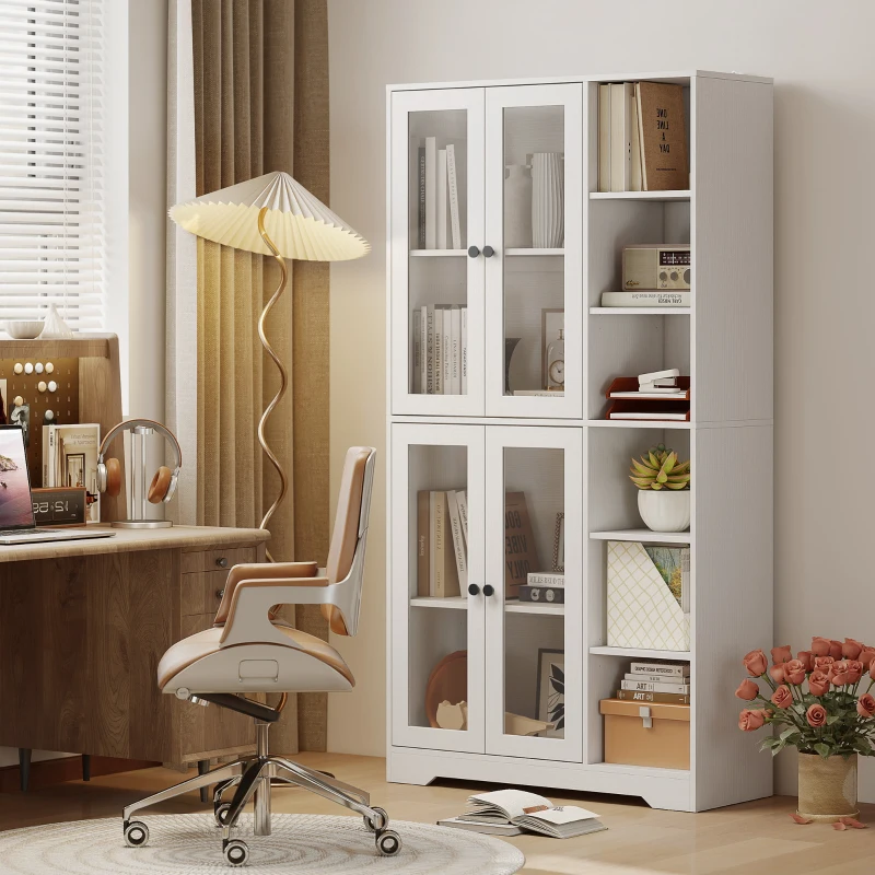 HOMCOM Credenza Cucina Alta, Mobile Dispensa con 4 Ante in Vetro Soft-Close, 6 Ripiani Aperti, Ripiani Regolabili Bianco