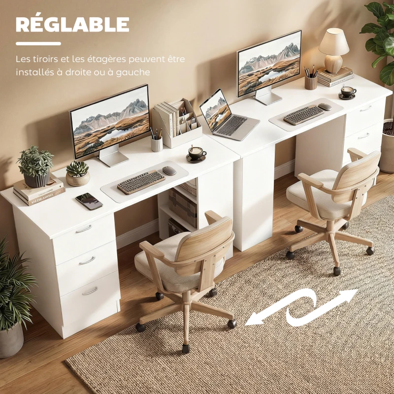 HOMCOM Bureau d'ordinateur avec 3 tiroirs et 3 étagères ouvertes, 120x49x72cm, bureau avec rangement réversible, style moderne, table informatique pour chambre, petit espace, télétravail, blanc