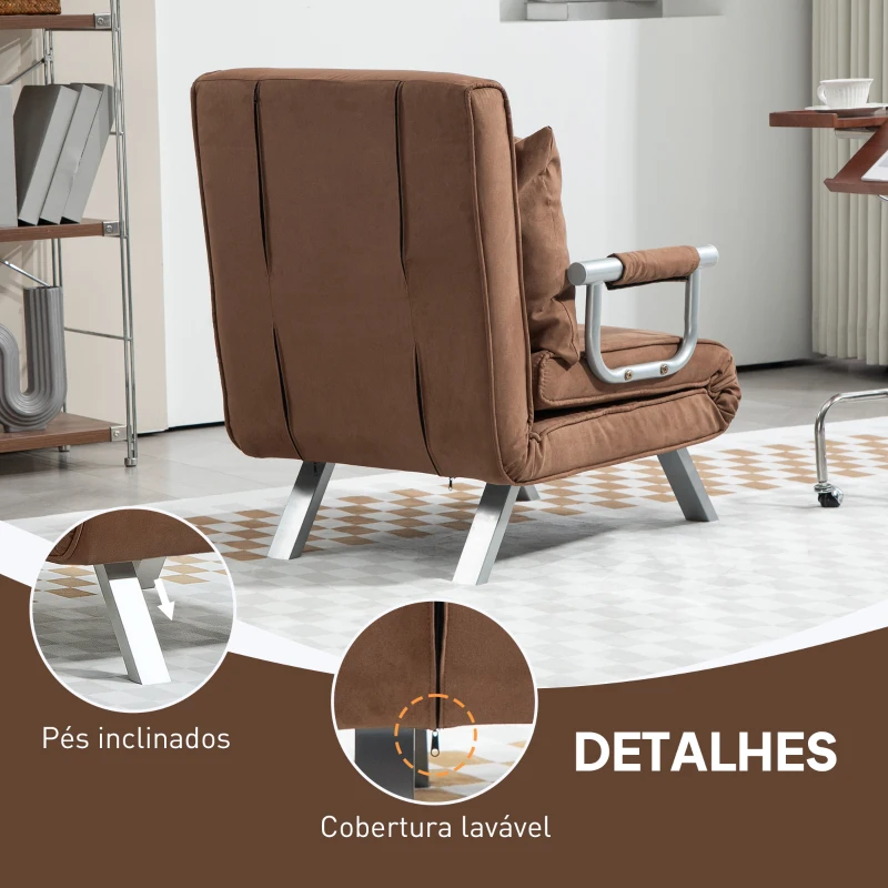HOMCOM Sofá Cama Individual Sofá Cama Individual Sofá Reclinável com Almofada para Sala Quarto Carga 100 kg 65x69x80 cm Marrom