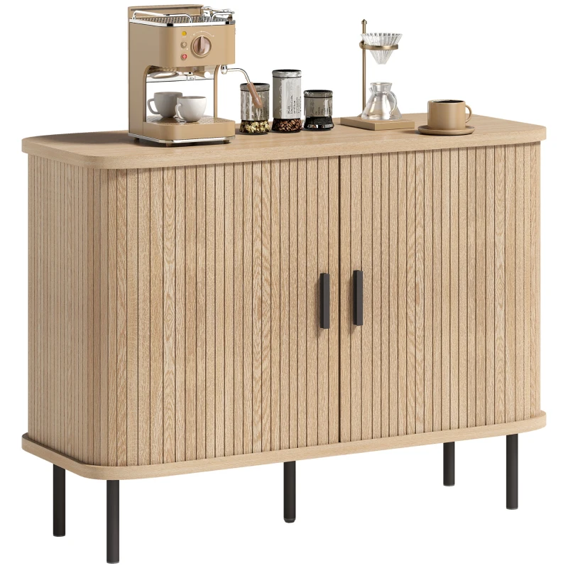 HOMCOM Buffet salon, meuble de rangement avec 2 portes coulissantes en tambour à lattes et 4 compartiments, chêne