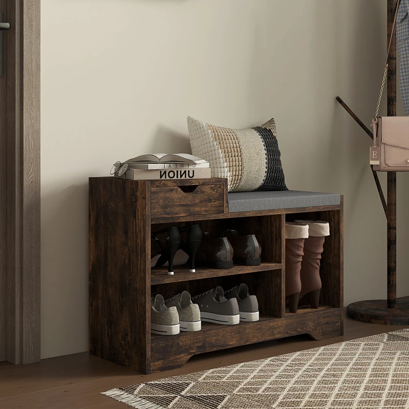 HOMCOM Meuble et Banc à Chaussures, 1 Tiroir et 3 Compartiments, Capacité 5 Paires, MDF, 76,5 x 30 x 52 cm, Marron