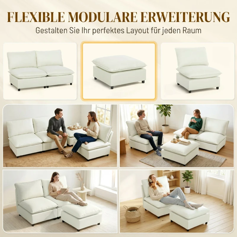 HOMCOM Fußhocker moderner Stoff-Ottomane mit Kunststoffbeinen für Wohnzimmer und Schlafzimmer, 75 cm, Cremeweiß