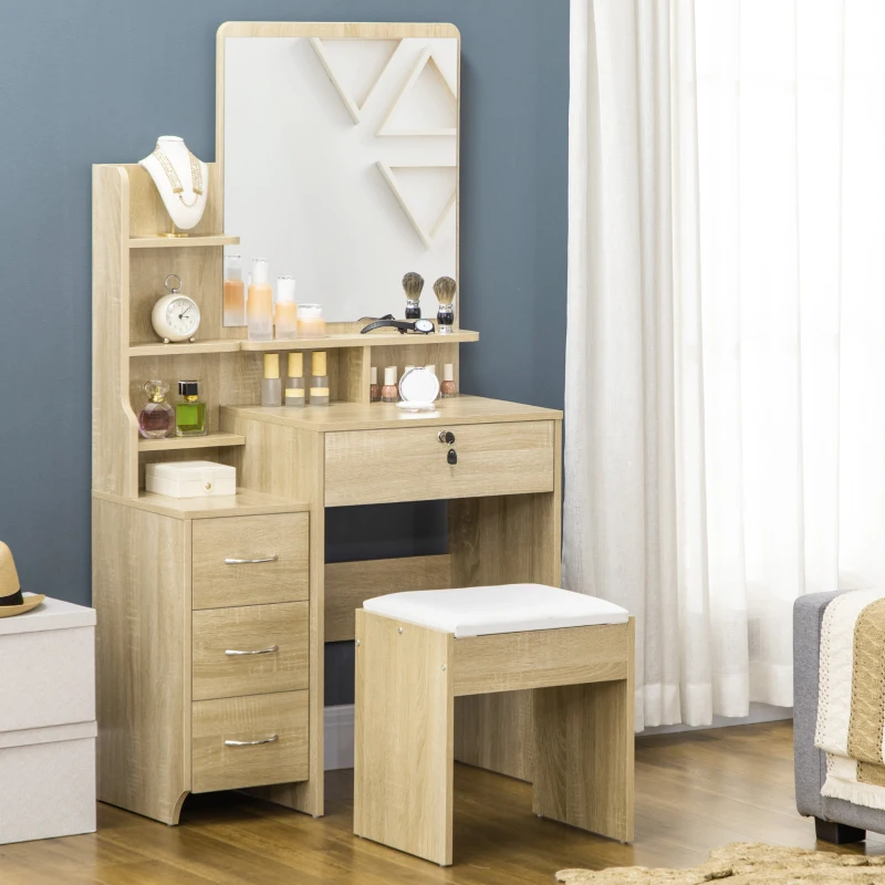 HOMCOM Toucador de Maquilhagem com Banco Espelho 4 Gavetas 4 Compartimentos de Armazenamento Estilo Moderno 80x38x143 cm Madeira