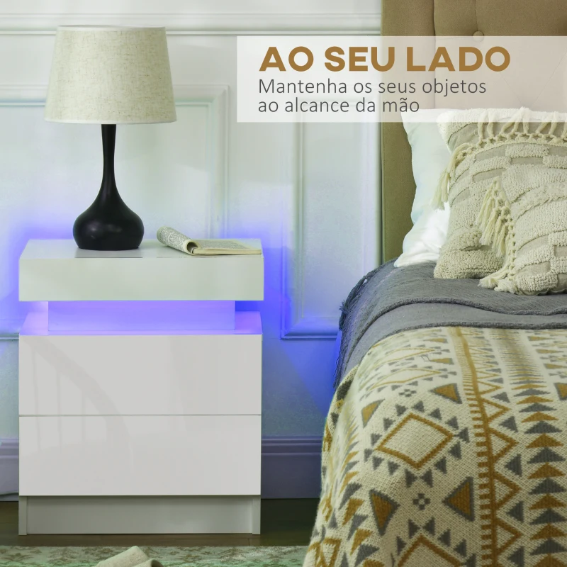HOMCOM Mesa de Cabeceira com Luz LED Mesa de Cabeceira  Painel de Alto Brilho 2 Gavetas e Controlo 45x35x52 cm Branco