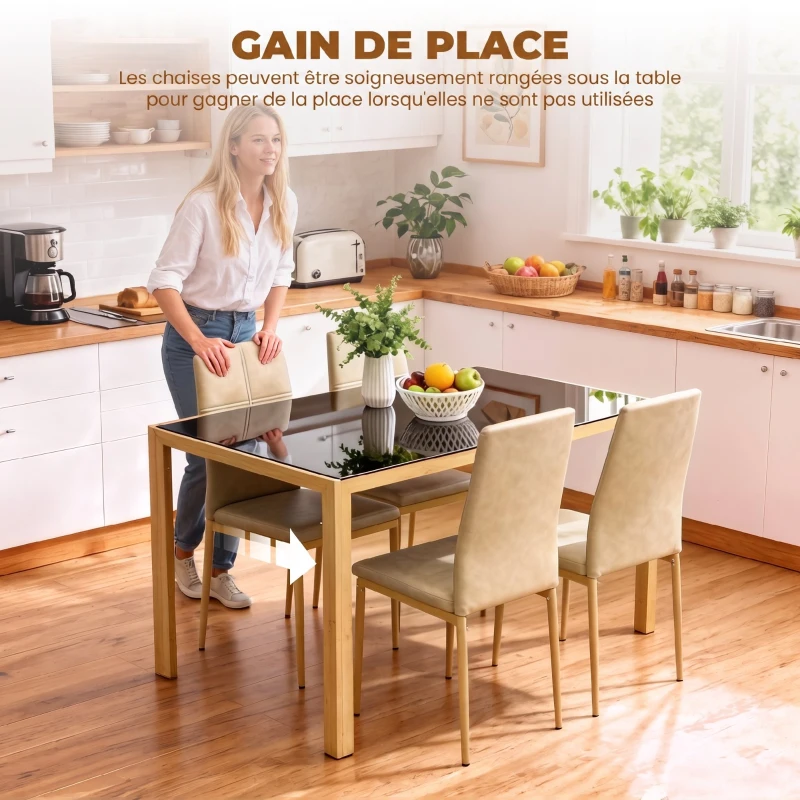 HOMCOM Ensemble Table à Manger avec 4 Chaises en Cuir Synthétique, Plateau Rectangulaire en Verre Trempé, 120x70x75cm, Naturel