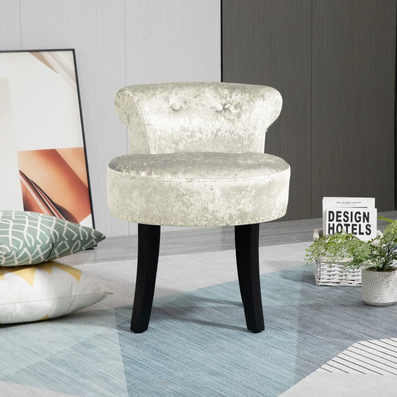 HOMCOM Dressing Table Stool with Rubber Wood Legs, Ice Velvet Vanity Stool for Living Room Bedroom, Beige